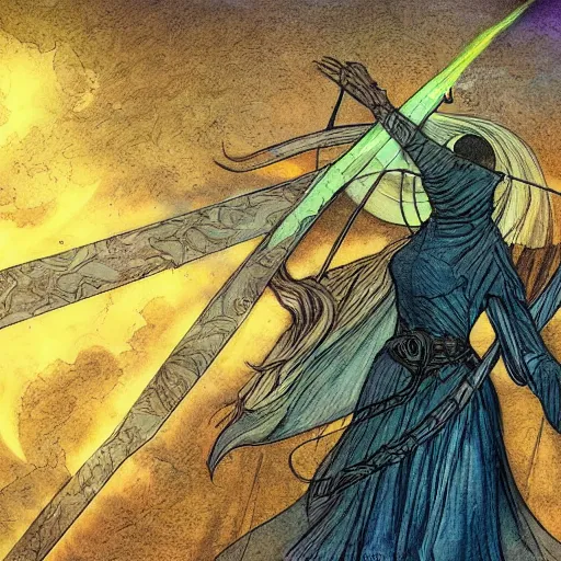 Image similar to album art priest casting divine spacesword spell , in the style of Greg Broadmore and Arthur Rackham and Moebius,trending on artstation, light lighting side view,digital art,surrealism ,macro,blueprint ,vaporwave ,