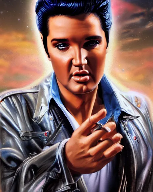 Image similar to a powerful energy elvis presley, by alexander fedosav, hyper detailed digital matte painting, concept art, hyperrealism, 1 6 k resolution, cinema 4 d, 8 k resolution, trending on artstation, behance hd, a masterpiece, by stephan martiniere, particles, cel - shaded, power bright neon energy, by david a. hardy,