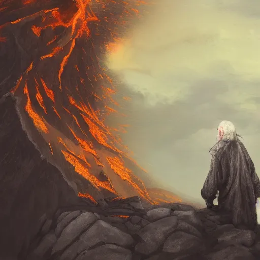 Image similar to painting of an old man with a silver gray beard and ragged robes knelt down on the peak of a mountain, the sky above is wreathed in flames, the man chisels an inscription on a stone, realistic, detailed, ancient, digital art, apocalyptic, earth tones, dramatic, cinematic lighting