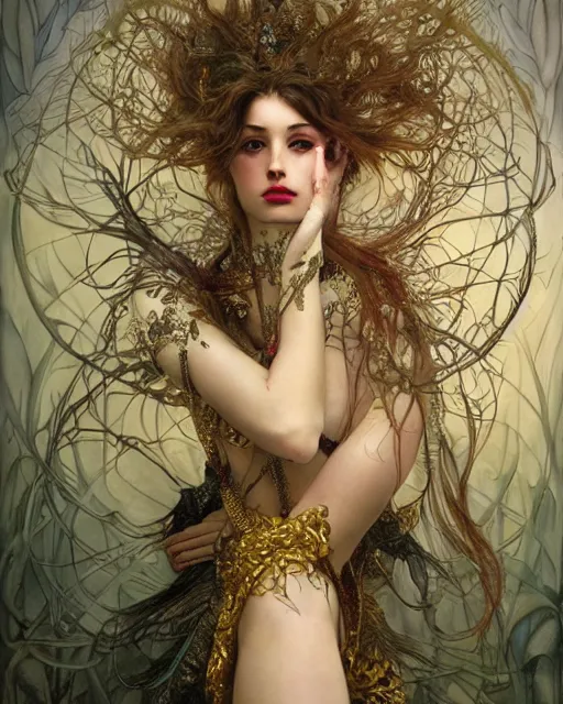 Prompt: unique non conventional beauty, surreal, fantasy, intricate, elegant, dramatic lighting, emotionally evoking symbolic metaphor, highly detailed, lifelike, photorealistic, digital painting, artstation, concept art, smooth, sharp focus, illustration, art by John Collier and Krenz Cushart and Artem Demura and Alphonse Mucha and Albert Aublet and Greg Rutkowski and John William Godward,