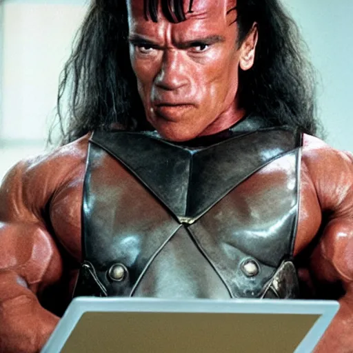 Prompt: arnold schwarzenegger as conan the barbarian sitting at a desk, as an office worker, in an office, inside an office building, sitting at a desk, angrily shouting at a laptop, computer trouble, technical difficulties, software error, crisp lighting, studio lighting