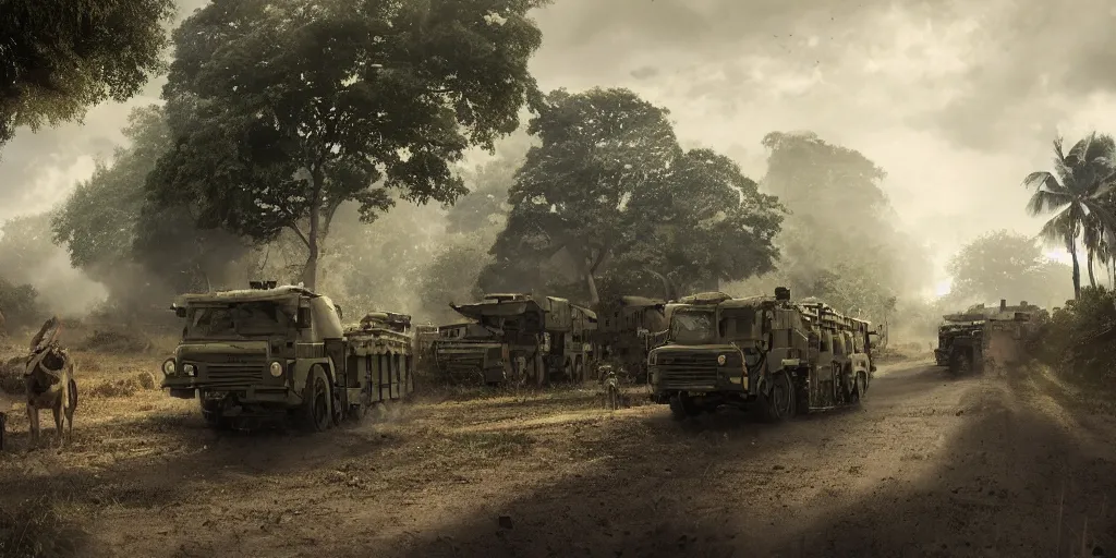 Image similar to kerala village countryside, militarised vehicles moving through, beautiful dynamic lighting, cinematic, wide angle establishing shot, extremely high detail, photo realistic, cinematic lighting, post processed, artstation, matte painting, style by eddie mendoza, raphael lacoste, alex ross, volumetric lighting, light rays, photorealistic, ultrarealistic, moody, coronarender, 8k