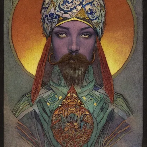 Prompt: the lantern crown, by Annie Swynnerton and Nicholas Roerich and Edmund Dulac, embroidered brocade, tattoos, elaborate costume, geometric ornament, symbolist, rich colors, dramatic lighting, smooth, sharp focus, extremely detailed