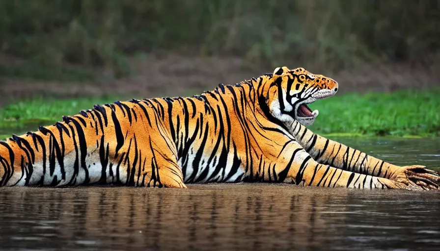 Image similar to an alligator tiger!!! hybrid! hyper realistic!! realistic lighting!! wildlife photographer of the year!!! bold natural colors, national geographic, hd, wide angle, 8 k