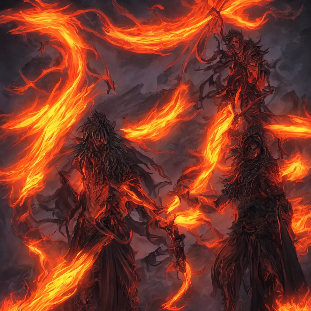 Image similar to dungeons and dragons official art of a lone male fire genasi wizard with pitch black skin, flaming hair, glowing orange eyes, wearing black wizard robes, smug smile, holding a wooden staff, standing proudly in front of barren plains in background, official print, book cover art