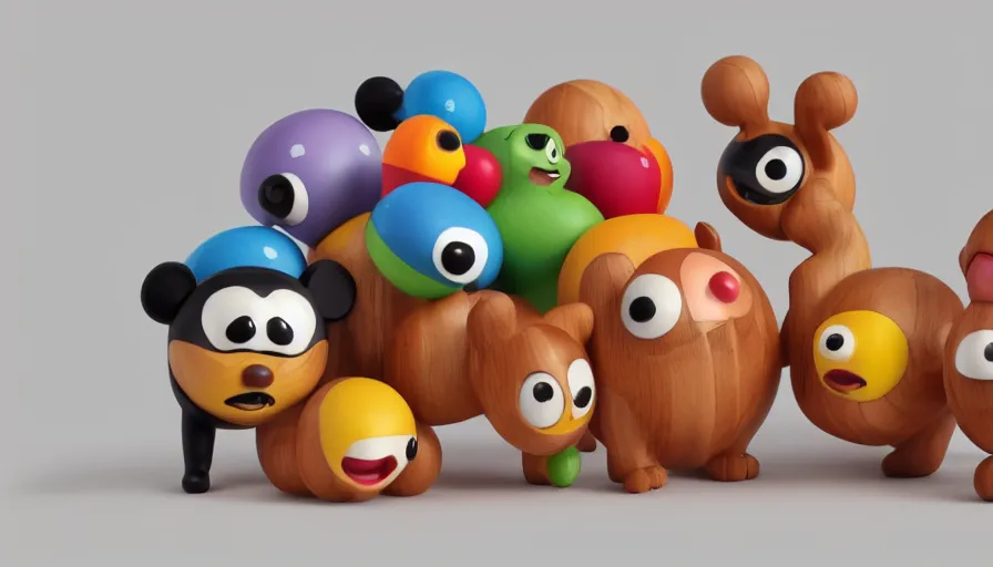 Image similar to very very very cute wooden toys by Max Kostenko and Bobby Chiu, baby creatures, disney, pixar, character design for animation, uplight, a lineup of characters, big disney eyes, symmetrical eyes, cuteness, 3d render, octane rendered, highly detailed, unreal engine, Trending on Artstation, octane render, 4k, 8k, HD