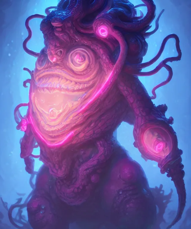 Prompt: a xanathar made of bioluminescence slimy skin, fantasy, elegant, crisp 8 k line art, digital painting, artstation, unreal engine, octane render, emissive lighting, concept art, matte, sharp focus, hyper realistic lighting, illustration, deep royal blue and pink color scheme, art by wlop