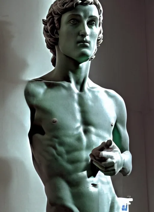 Image similar to an android with an adult male human looking face is the statue david by michelangelo, polaroid, flash photography, photo taken in a back storage room where you can see empty shelves in the background,