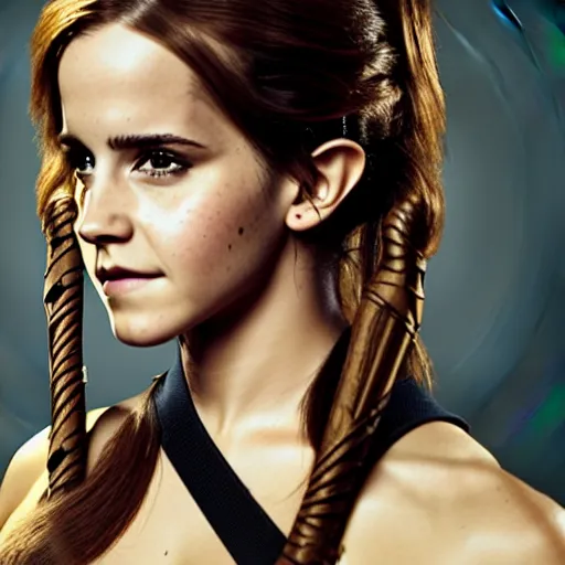 Prompt: Emma Watson as Katniss Everdeen in The Hungergames, promo shoot, studio lighting