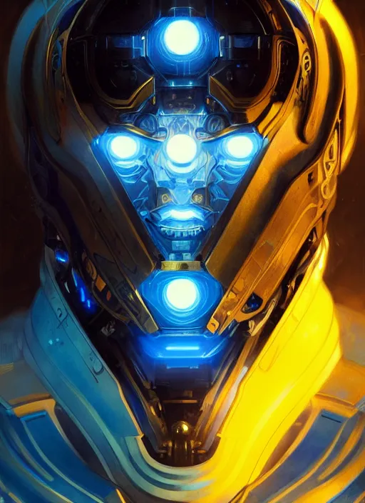 Image similar to symmetry!! portrait of a strong man, sci - fi, tech wear, blue and yellow glowing lights!! intricate, elegant, highly detailed, digital painting, artstation, concept art, smooth, sharp focus, illustration, art by artgerm and greg rutkowski and alphonse mucha