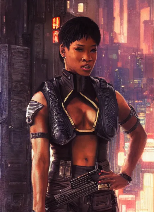 Image similar to black chun li. cyberpunk police trooper in a military vest ( blade runner 2 0 4 9, cyberpunk 2 0 7 7 ). orientalist portrait by john william waterhouse and james gurney and theodore ralli and nasreddine dinet, oil on canvas. cinematic, hyper realism, realistic proportions, dramatic lighting, high detail 4 k