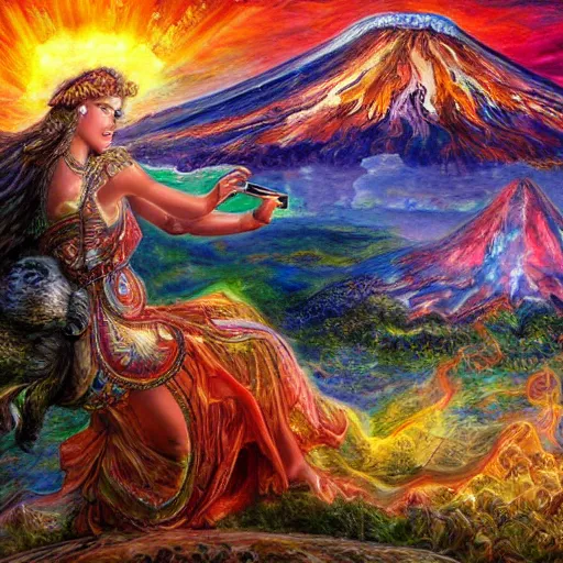 Prompt: a goddess riding a ram while checking her cell phone, erupting volcano and sunrise in distance in background, painting by josephine wall, senior concept artist, acrylic on canvas, intricately detailed, high resolution trending on artstation