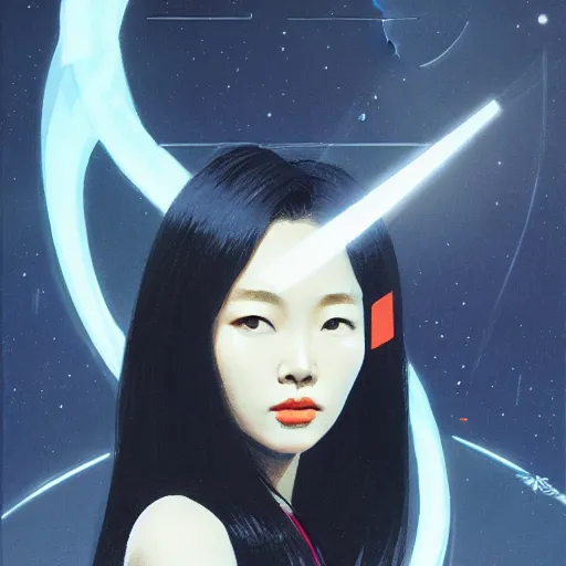 Prompt: Lee Jin-Eun by Vincent Di Fate, rule of thirds, seductive look, beautiful, in intergalactic hq