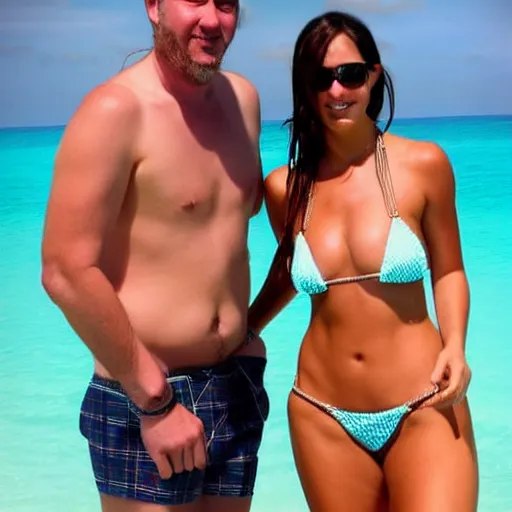 Image similar to photo of a 4 0 year old man that looks young for his age dating a very attractive and completely legal 1 8 year old woman wearing a bikini.