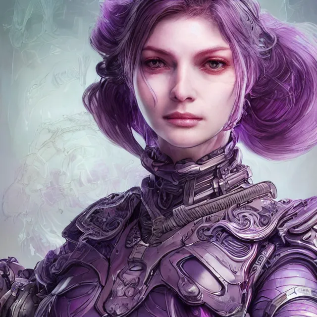 Prompt: close facial portrait of a pale woman in sci - fi armor with a flowing purple, elegant, stoic, intense, ultrafine hyperdetailed illustration by kim jung gi, irakli nadar, intricate linework, sharp focus, bright colors, octopath traveler, final fantasy, hearthstone, highly rendered, global illumination, radiant light, detailed, intricate environment