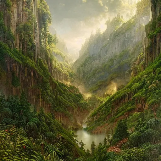 Prompt: a beautiful and highly detailed matte painting of a fantasy forest in the lush valley high in the most epic mountains ever, intricate details, epic scale, insanely complex, 8 k, sharp focus, hyperrealism, very realistic, by caspar friedrich, greg rutowski, james gurney