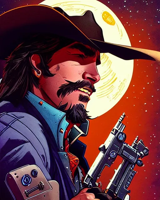 Image similar to mccree from overwatch, space cowboy, character portrait, portrait, close up, concept art, intricate details, highly detailed, vintage sci - fi poster, retro future, in the style of chris foss, rodger dean, moebius, michael whelan, and gustave dore