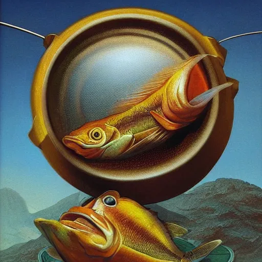 Prompt: surprised fish sitting on the top of a pile of fish, all the fish are inside a cooking pot on fire, side view, by vladimir kush, dystopian art, rococo