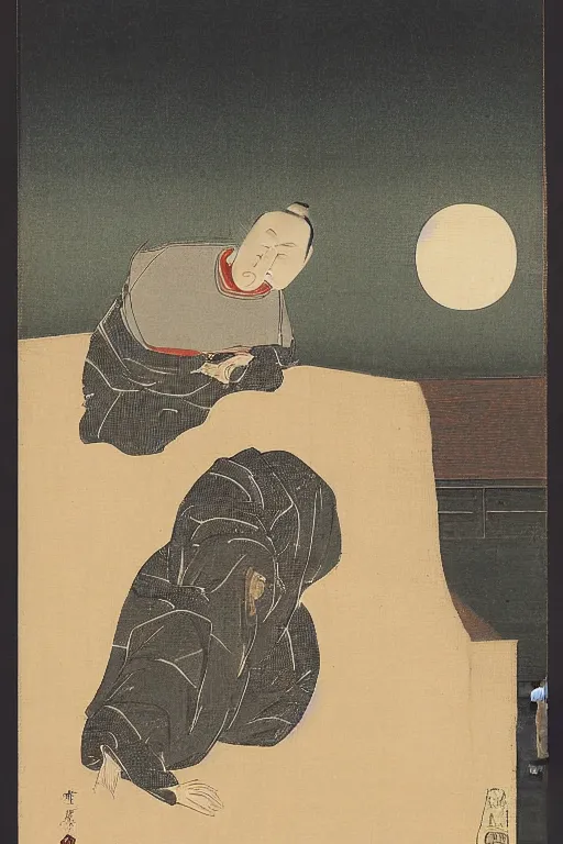 Prompt: a man gazing into the moon, the moon staring right back at the man, edo period