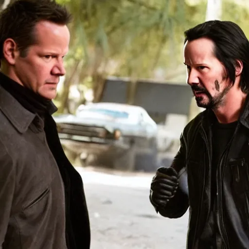 Prompt: movie still of keanu Reeves fighting Jack Bauer