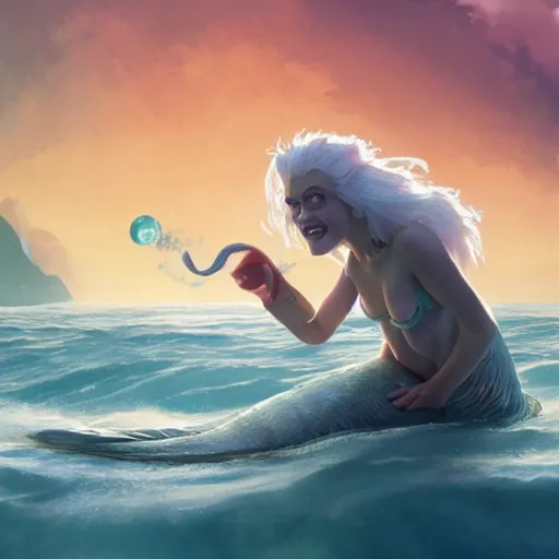 Image similar to doc brown as arielle the mermaid in water, studio ghibli, disney animation, sharp, anime key art by greg rutkowski, bloom, dramatic lighting