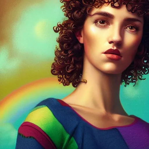 Prompt: Lofi vaporwave portrait beautiful woman with short brown curly hair, romanesque, rainbow, Pixar style, Tristan Eaton, Stanley Artgerm, Tom Bagshaw