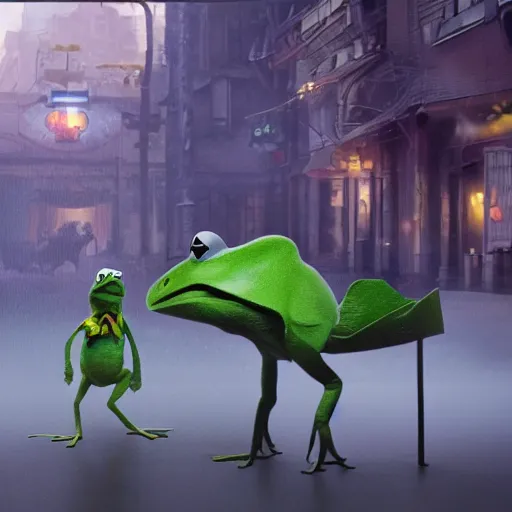 Prompt: a still of kermit the frog in avengers movie, cory loftis, fenghua zhong, ryohei hase, ismail inceoglu and ruan jia. volumetric light, detailed, octane render