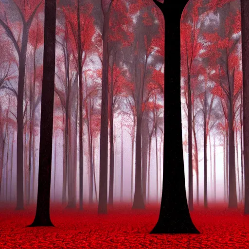 Prompt: red forest that gives off a spooky vibe, surreal, sharp focus, digital art, epic composition, concept art, dynamic lighting, intricate, highly detailed, 8 k, unreal engine, blender render