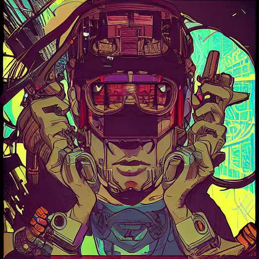 Prompt: incan cyberpunk with scenic background. portrait illustration, pop art, art by ashley wood, alphonse mucha, laurie greasley and josan gonzalez. cinematic. dynamic lighting. realistic proportions. creative design. cel shading, clean aesthetic
