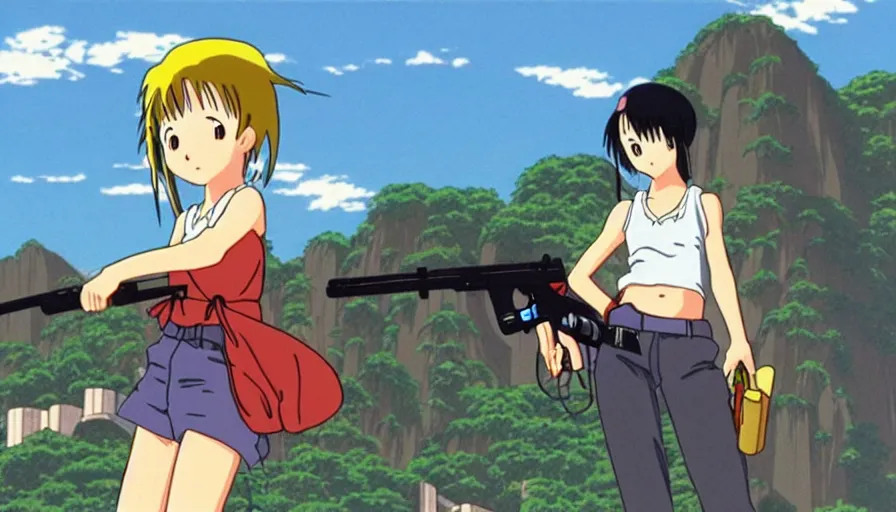 Image similar to 1 9 9 6 anime screencap of a girl with a gun on a rio de janeiro anime, by hayao miyazaki, studio ghibli, rio background extremely high quality artwork