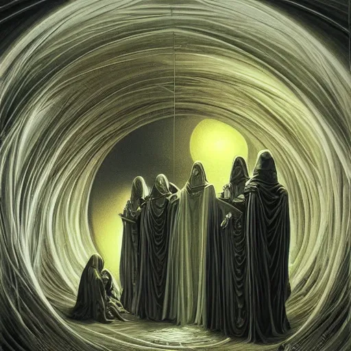 Prompt: a dark cabal of hooded mystics in long robes gathered in a circular formation around a highly advanced machine processing the spirit of a dying man, dan seagrave art, michael whelan