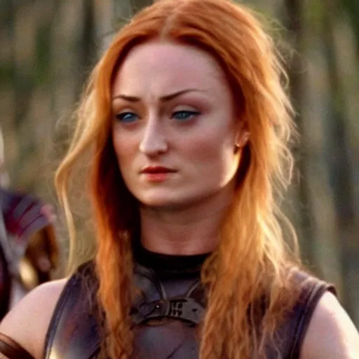 Image similar to still of muscular sophie turner in xena, six packs abs