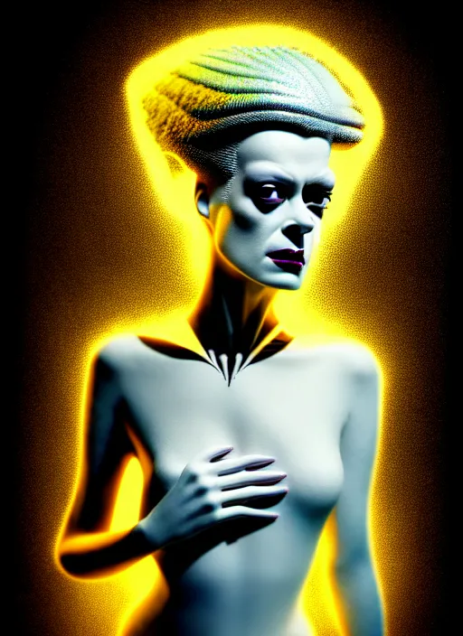 Image similar to high key lighting portrait of a beautiful futuristic bride of frankenstein, kintsugi, modern fine art, fractal, intricate, elegant, highly detailed, digital photography,