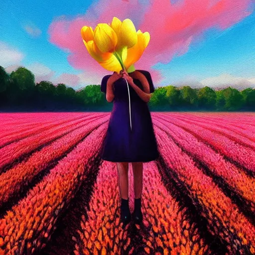 Image similar to girl with a single giant tulip as a head, surreal photography, flower field, sunset dramatic light, impressionist painting, colorful clouds, blue sky, digital painting, artstation, simon stalenhag