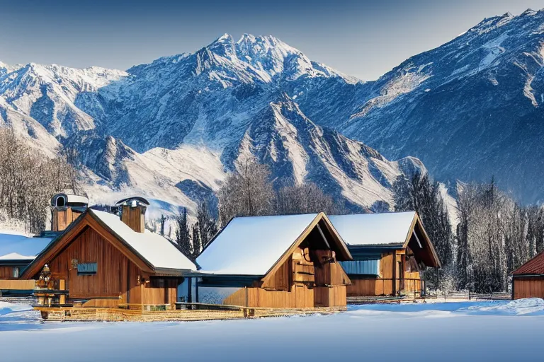 Image similar to architecture photo modern fachwerk house cottage settlement with Elbrus mountain on the background, architecture, photorealism 8k , high details