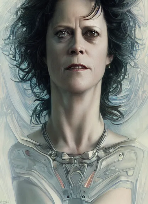 Image similar to Sigourney Weaver as cyberpunk girl, portrait, intricate, elegant, highly detailed, centered, digital painting, artstation, concept art, smooth, sharp focus, illustration, art by artgerm and donato giancola and alphonse mucha