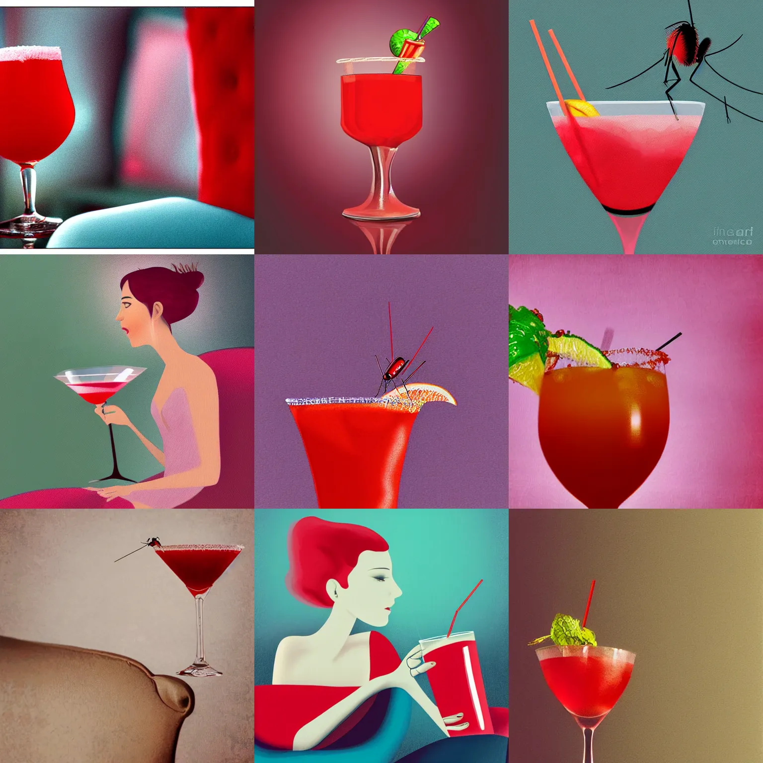Prompt: soft portrait of a mosquito sipping a red cocktail on sofa, digital art, soft colors