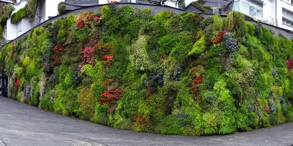 Image similar to lampton quay, wellington city, new zealand where the building walls are covered in living walls made of nz endemic plants. rainy windy day. google street view