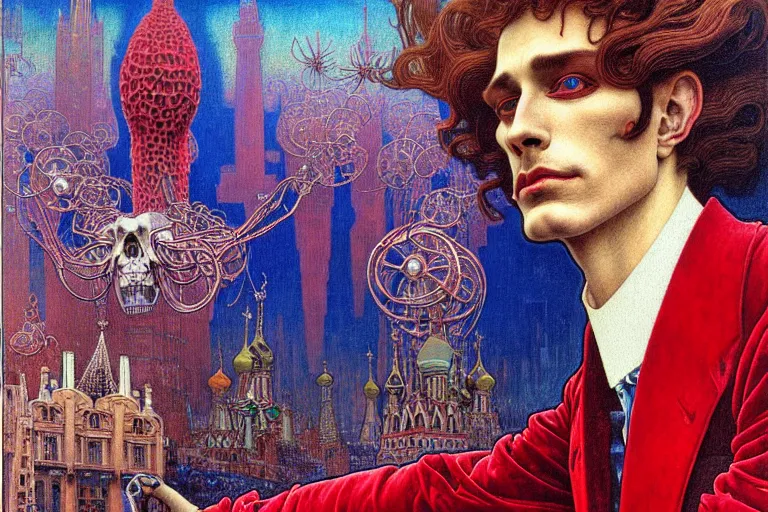 Image similar to realistic detailed closeup portrait painting of a single skeleton wearing red velvet blazer in a crowded futuristic moscow street by Jean Delville, Amano, Yves Tanguy, Alphonse Mucha, Ernst Haeckel, Edward Robert Hughes, Roger Dean, rich moody colours, blue eyes