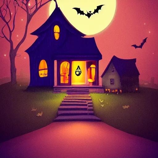 Prompt: very cute adorable digital Illustration of a Halloween house on a round small hill. Glaring lights coming out of the windows. backlit house, moon shining onto the house. Cinematic lighting, movie poster. Award winning digital illustration trending on artstation. art nouveau in the style of Émile Gallé. Very detailed and beautiful digital art