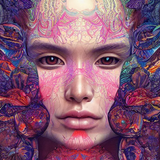 Image similar to portrait of gemma chan, hyper detailed masterpiece, neon floral pattern, jean giraud, digital art painting, darkwave goth aesthetic, psychedelic, artgerm, donato giancola and tom bagshaw