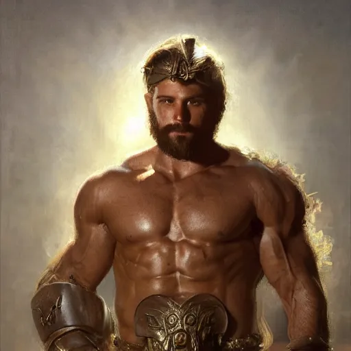 Image similar to handsome portrait of a spartan guy bodybuilder posing, radiant light, caustics, war hero, hibiscus, by gaston bussiere, bayard wu, greg rutkowski, giger, maxim verehin