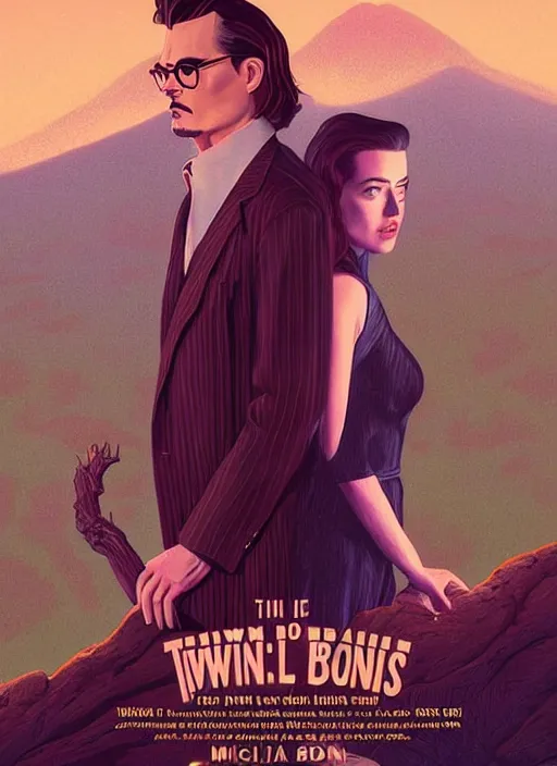 Prompt: Twin Peaks poster artwork by Michael Whelan and Tomer Hanuka, Rendering of portrait of Johnny Depp & Amber Heard in Twin Peaks scene, full of details, by Makoto Shinkai and thomas kinkade, Matte painting, trending on artstation and unreal engine