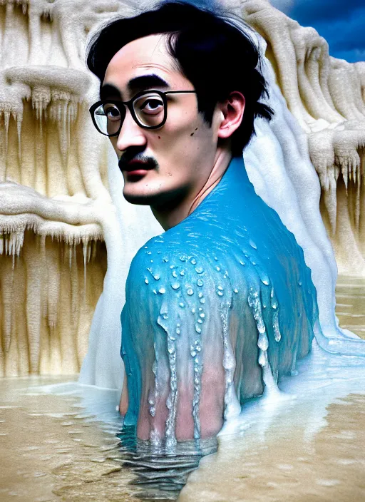 Image similar to Kodak Portra 400, 8K, soft light, volumetric lighting, highly detailed, portrait photo of a Filthy Frank by WLOP, the face emerges from a Pamukkale, thermal waters flowing down white travertine terraces with lotus flowers, inspired by Ophelia paint , blue shirt and hair are intricate with highly detailed realistic beautiful flowers , Realistic, Refined, Highly Detailed, ethereal lighting colors scheme, outdoor fine art photography, Hyper realistic, photo realistic, masterpiece