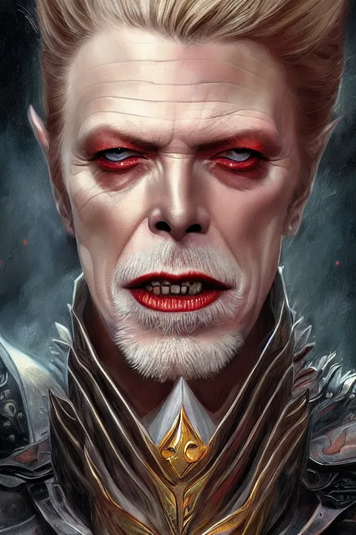 Prompt: ultra realistic illustration, vampire king david bowie from diablo and baldurs gate, intricate, elegant, highly detailed, digital painting, artstation, concept art, smooth, sharp focus, illustration, art by artgerm and greg rutkowski and alphonse mucha