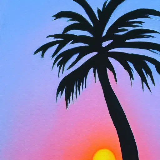 Image similar to oil painting of a palm tree silhouette against a pastel sunset