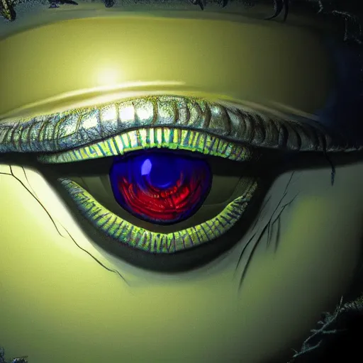 Image similar to photorealistic eye monster in the style of michael whelan. hyperdetailed photorealism, 1 0 8 megapixels, amazing depth, high resolution, 3 d shading, 3 d finalrender, 3 d cinematic lighting, glowing rich colors, psychedelic overtones, artstation concept art.