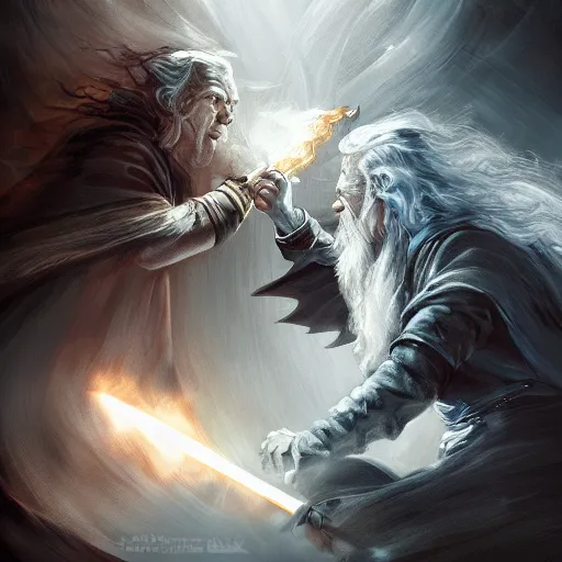 Image similar to Gandalf fight Sauron in an epic fight, dramatic lighting, artstation, hyperdetailed, high resolution, in the style of Christopher Tolkien