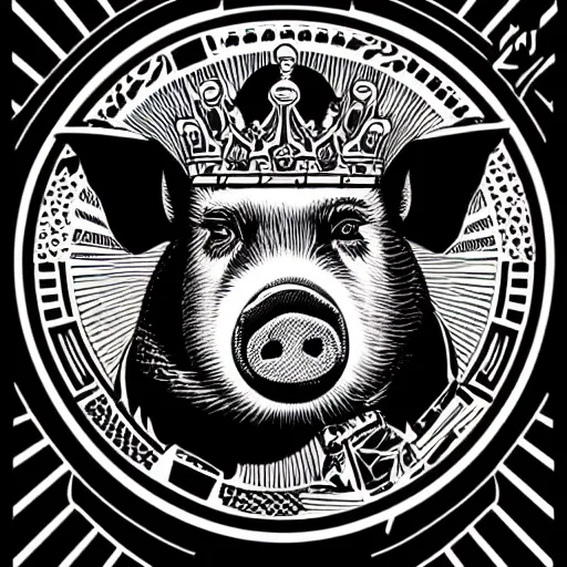 Image similar to Portrait of pig as a king by Shepard Fairey, black and white, full body, zoomed out