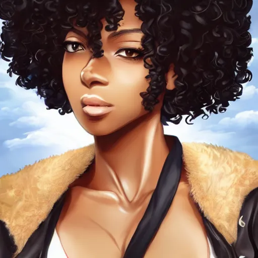 Prompt: A brown skinned woman with black curly hair as an anime character, artstation, highlt detailed